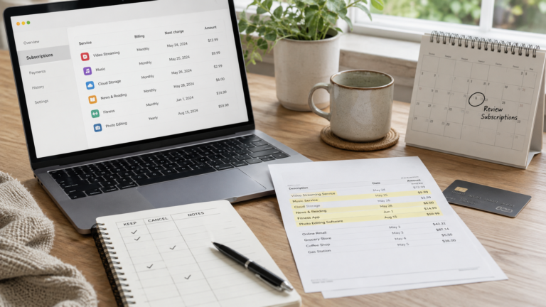 The subscription audit sheet tracking service name, cost, and renewal date